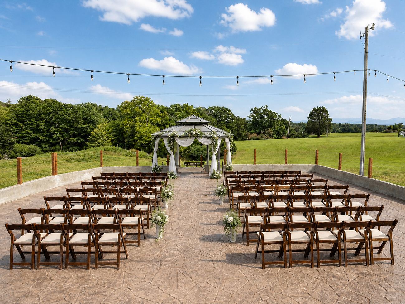 The gazebo and patio set for a ceremony